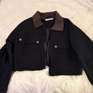 Black Cropped Jacket with Brown Corduroy Collar